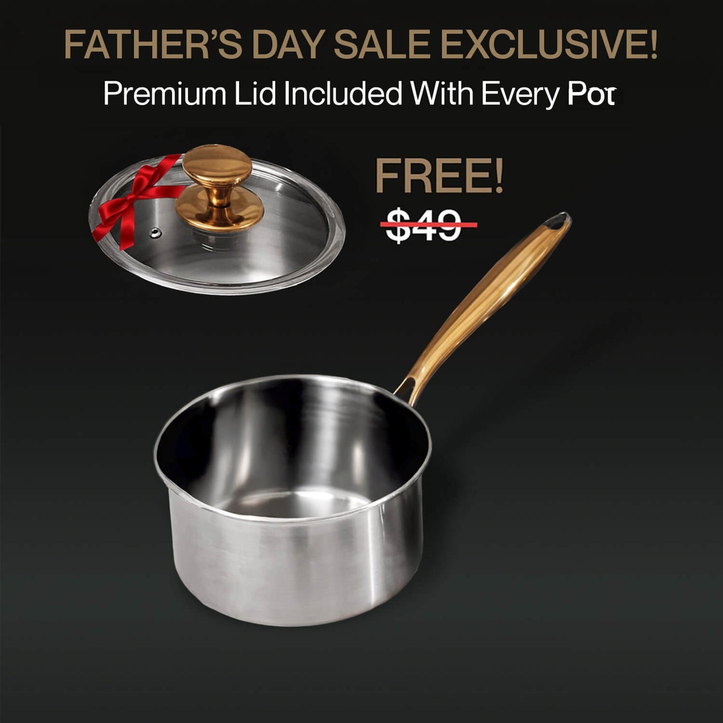 Stainless steel pot with wooden handle and free premium lid on a black background, Father's Day sale promotion.