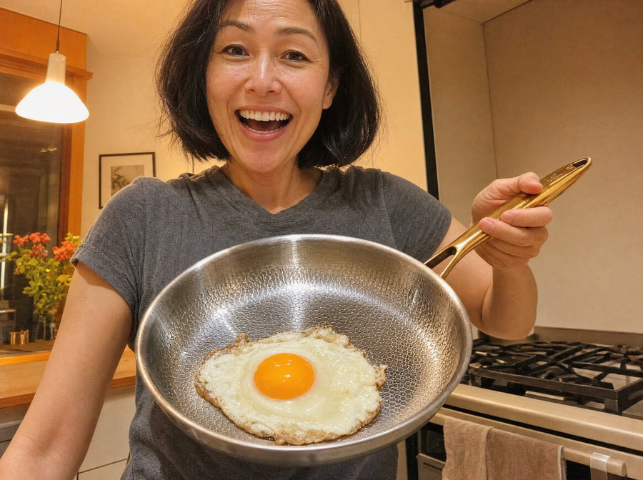 Customer showing a fried egg in her Taima pan