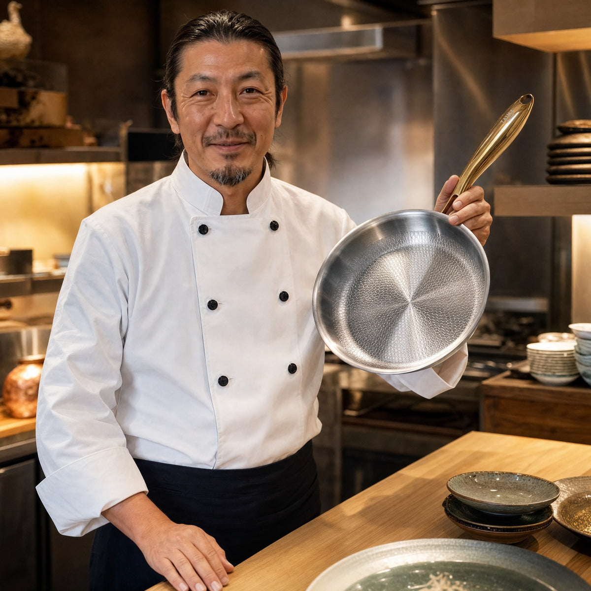 Japanese head chef holding the Taima pure titanium pan