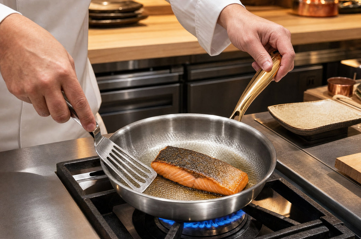 Salmon searing in the Taima pan