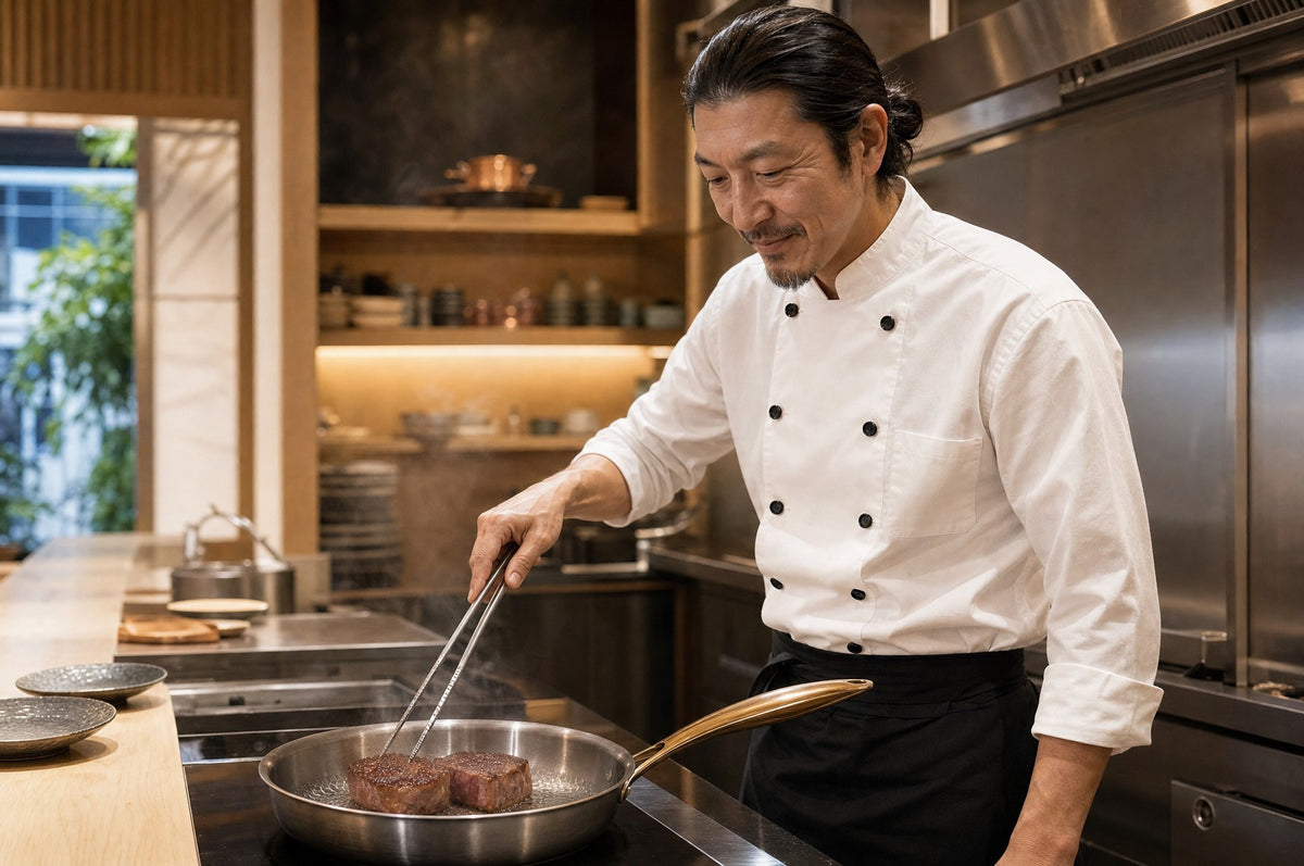 Chef searing wagyu in the Taima pan on induction