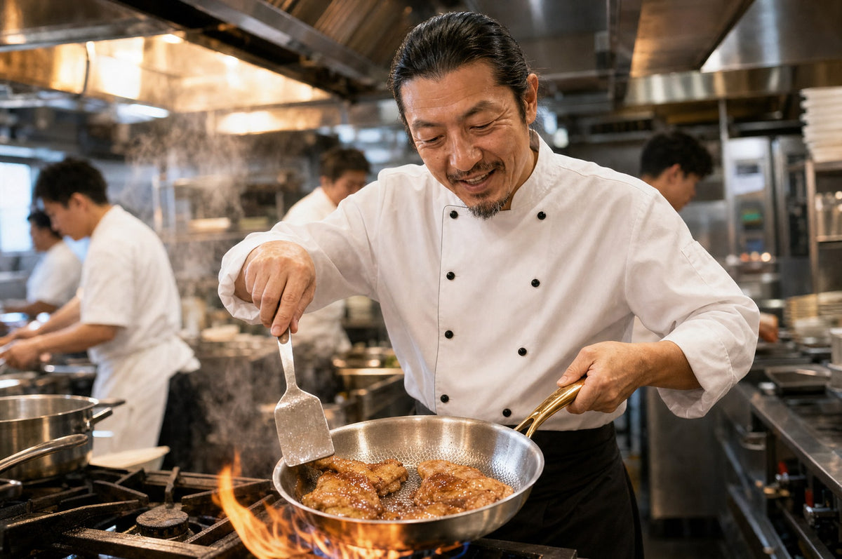 Chef using a steel spatula in the Taima pan over high flame