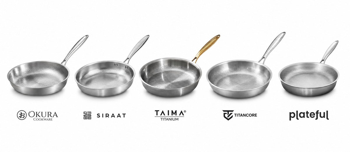 Five titanium pans with their brand logos: Okura, Siraat, Taima, TitanCore and Plateful