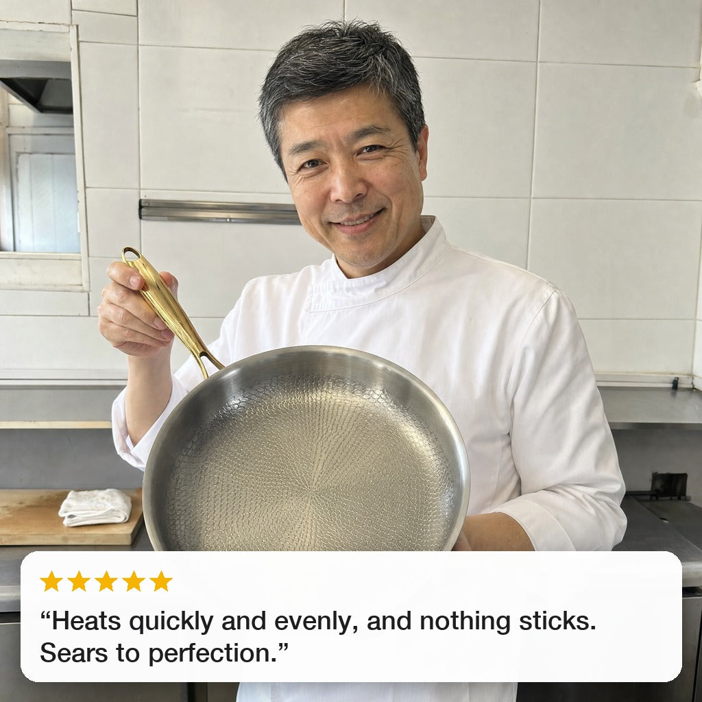 A chef showing his Taima pan, with a five-star review