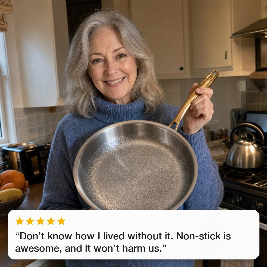 A woman showing her Taima pan, with a five-star review