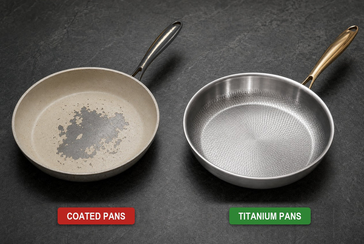 A coated pan worn through next to a pure titanium pan