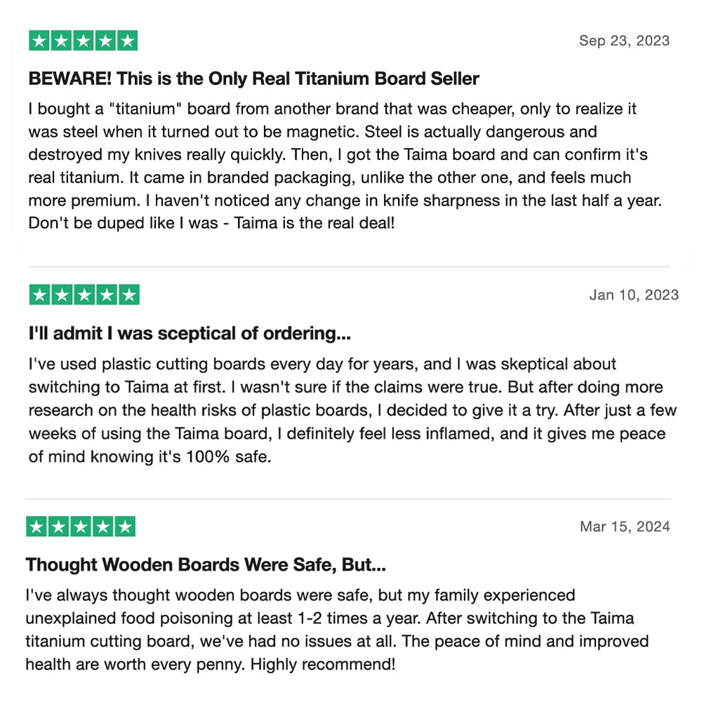 taima titanium truspilot reviews rated excellent saying that taima is the only legit company that sells real titanium cutting boards