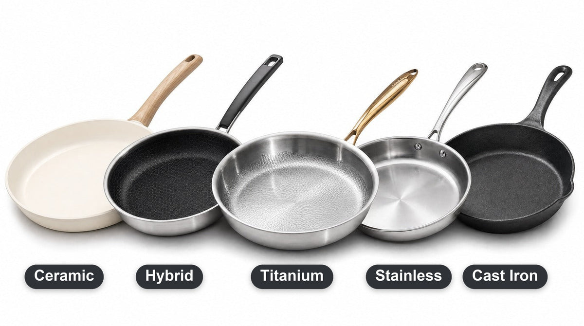 Five frying pans in a row: ceramic, hybrid, titanium, stainless steel and cast iron