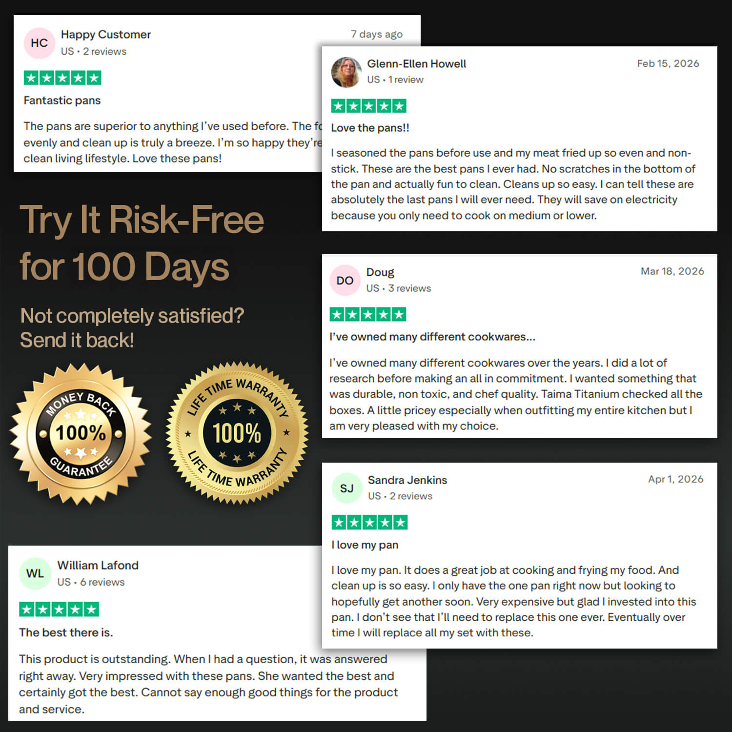 Product review section with customer testimonials and promotional text on a black background