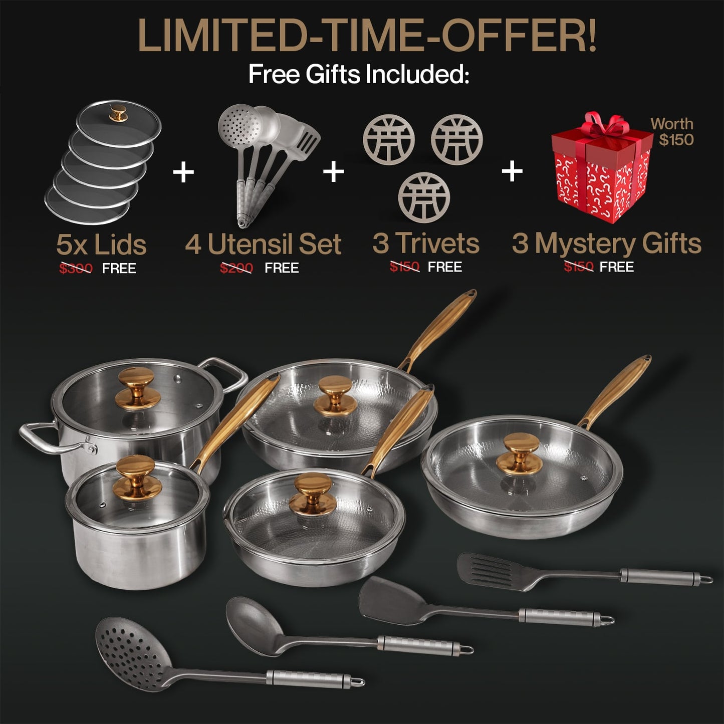 Set of stainless steel cookware with free gifts on a black background