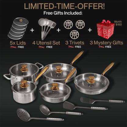 Set of stainless steel cookware with free gifts on a black background