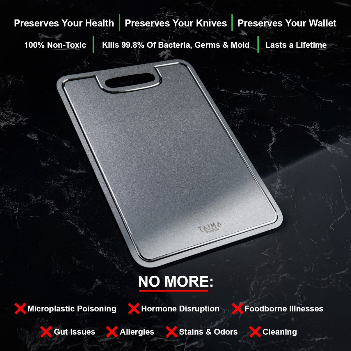 Infographic showing five core benefits of the Taima Titanium Cutting Board V2: No Odor, No Bacteria, No Microplastics, No Coating, and Knife-Friendly—each with accompanying icons.