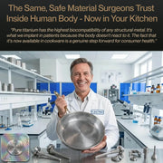 A smiling man in a white lab coat stands in a modern kitchen or laboratory setting, holding a hammered metal pan. Several titanium surgical implant pieces are displayed on the counter in front of him.