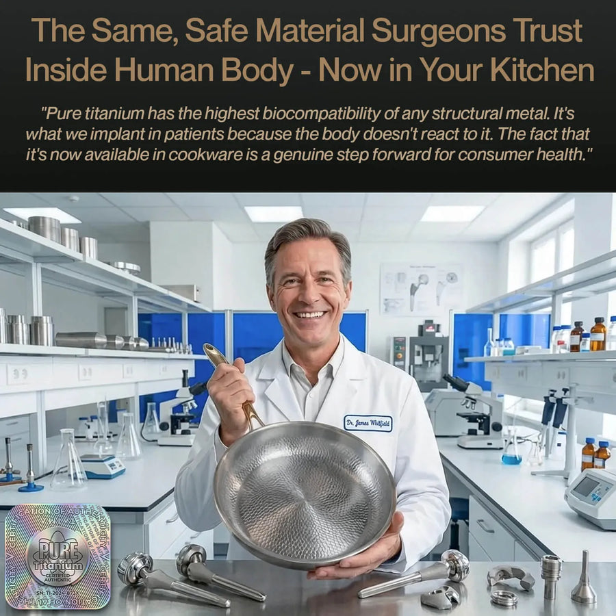 A smiling man in a white lab coat stands in a modern kitchen or laboratory setting, holding a hammered metal pan. Several titanium surgical implant pieces are displayed on the counter in front of him.