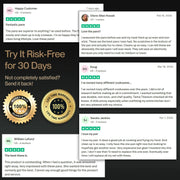 Product reviews and promotional text on a black background
