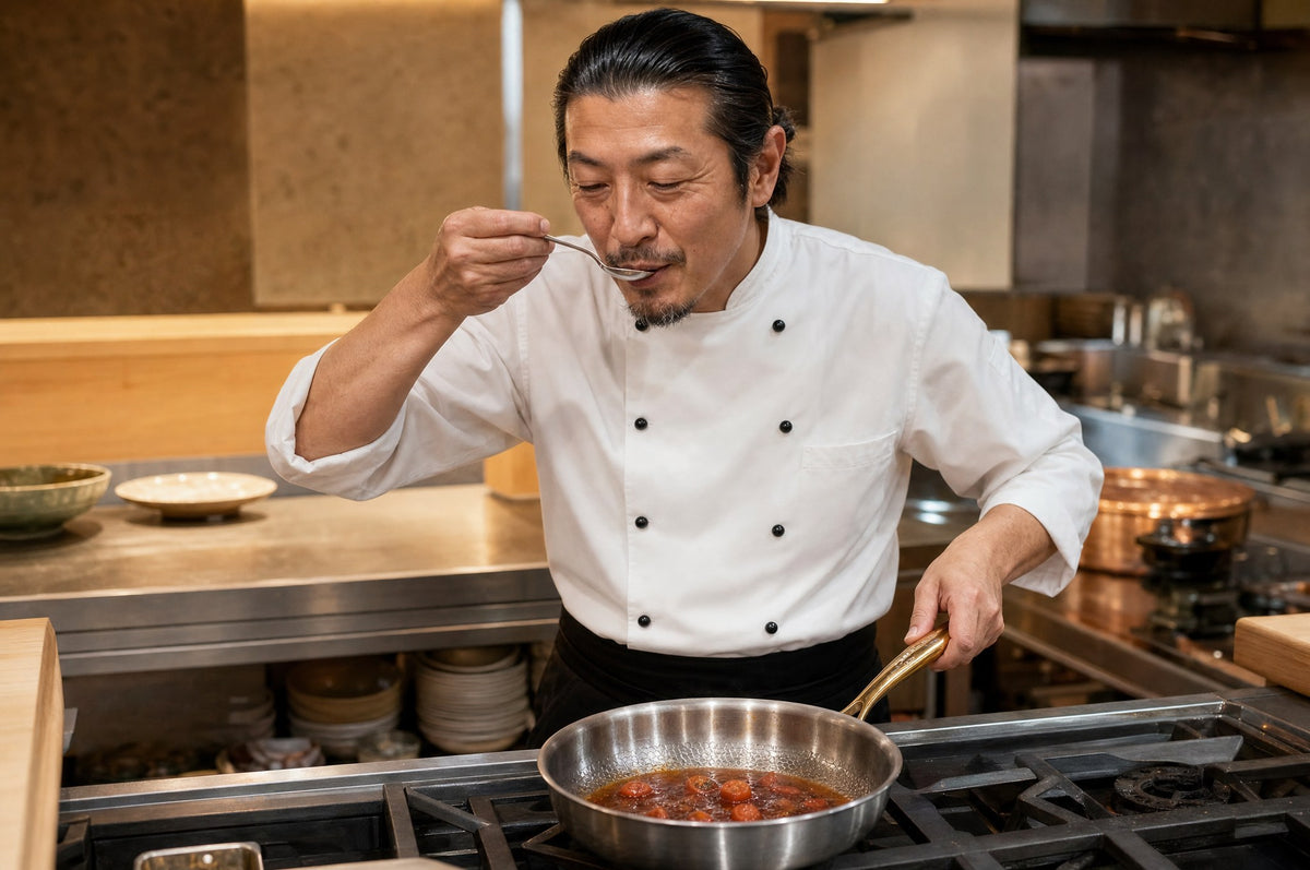 Chef tasting a tomato and wine reduction made in the Taima pan