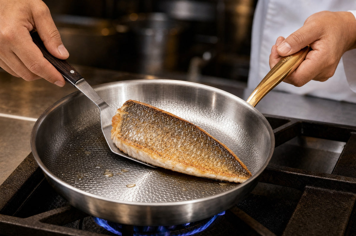 Sea bream skin releasing clean from the Taima pan