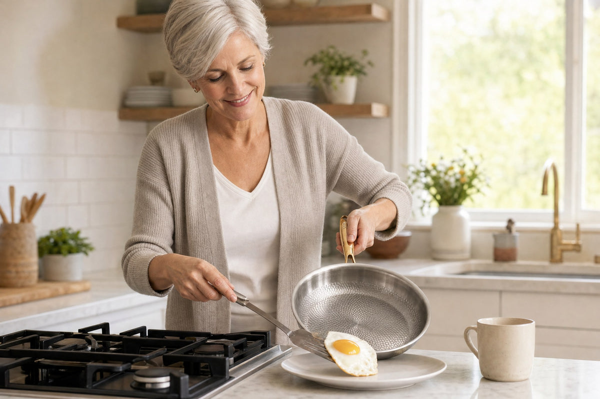 Woman sliding a fried egg out of the Taima pan at home