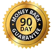 A circular gold seal badge with a serrated edge reading 'MONEY BACK 90 DAY GUARANTEE' in black text on a gold background.
