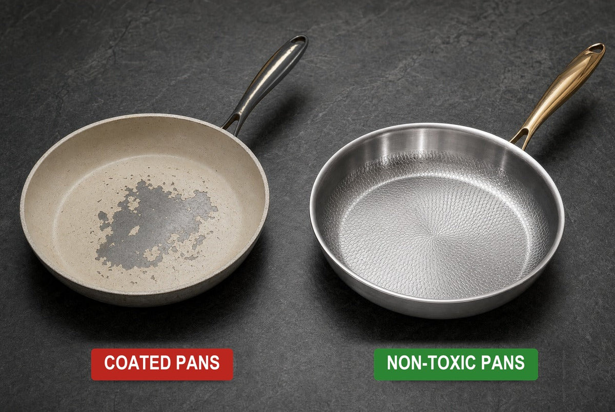 A coated pan worn through next to a non-toxic titanium pan