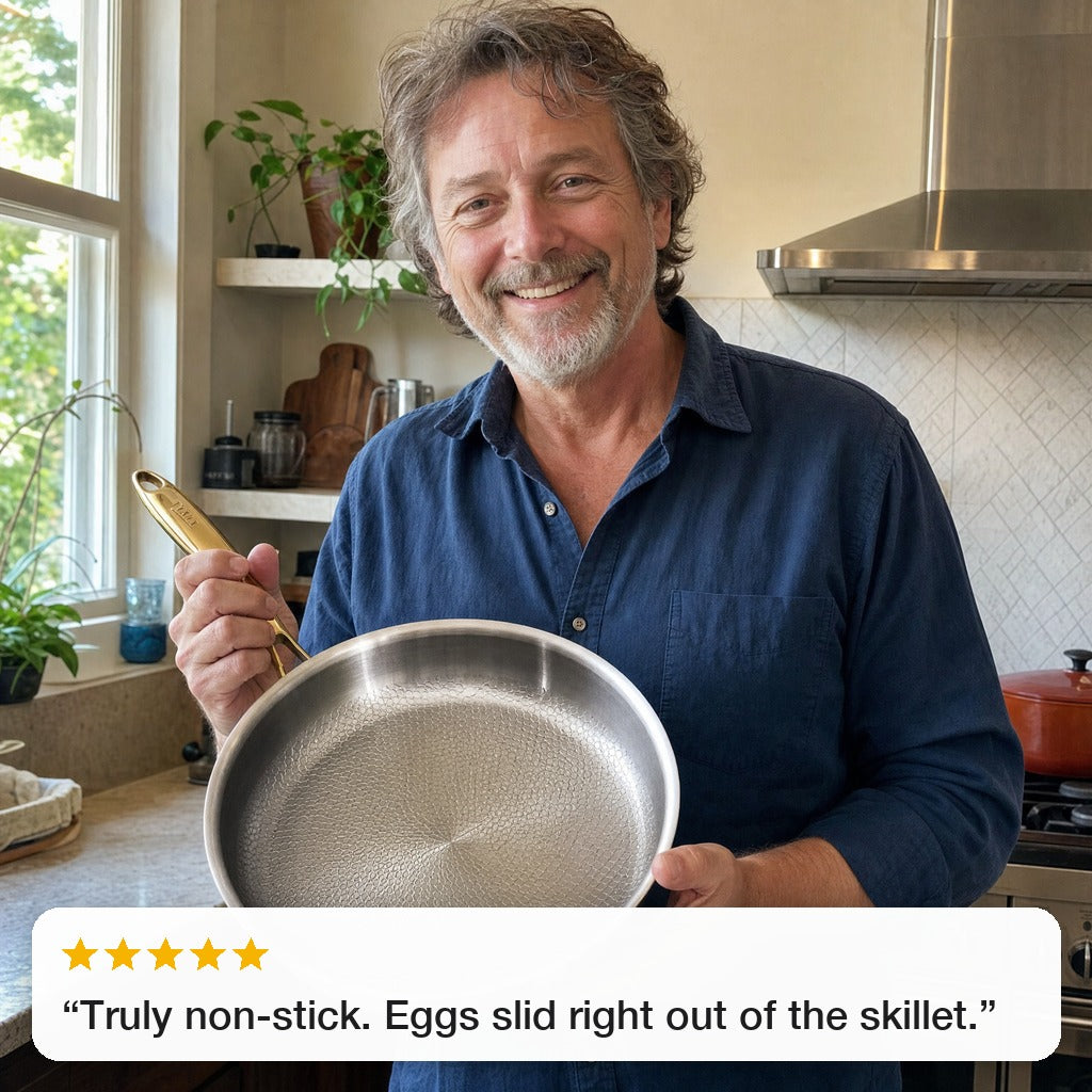 A man showing his Taima pan, with a five-star review