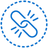 A blue chain link icon inside a dashed circular border on a white background.