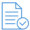 A simple blue icon showing a document with a checkmark inside a circle, used as a generic approval or confirmation symbol.
