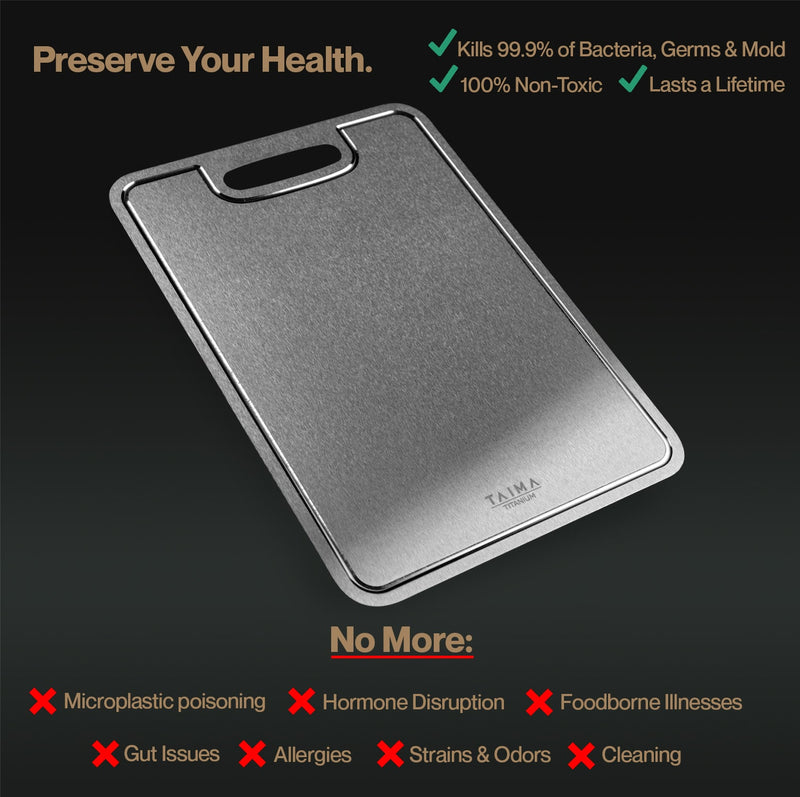 Gray cutting board with health benefits text on a black background