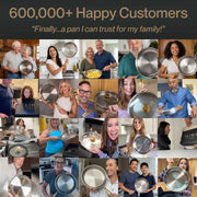 Collage of people holding Taima cookware with text about customer satisfaction.