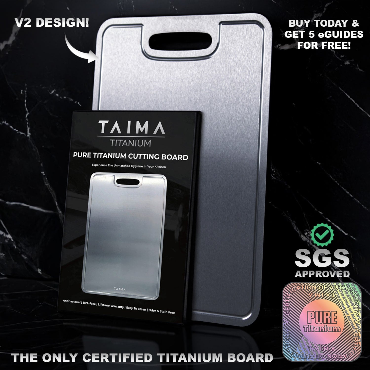 Taima Titanium Cutting Board - SGS Certified, FDA-Compliant, Pure Titanium, the only certified titanium board, antibacterial non toxic, lasts a lifetime