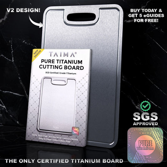 Taima Titanium Cutting Board - SGS Certified, FDA-Compliant, Pure Titanium, the only certified titanium board, antibacterial non toxic, lasts a lifetime