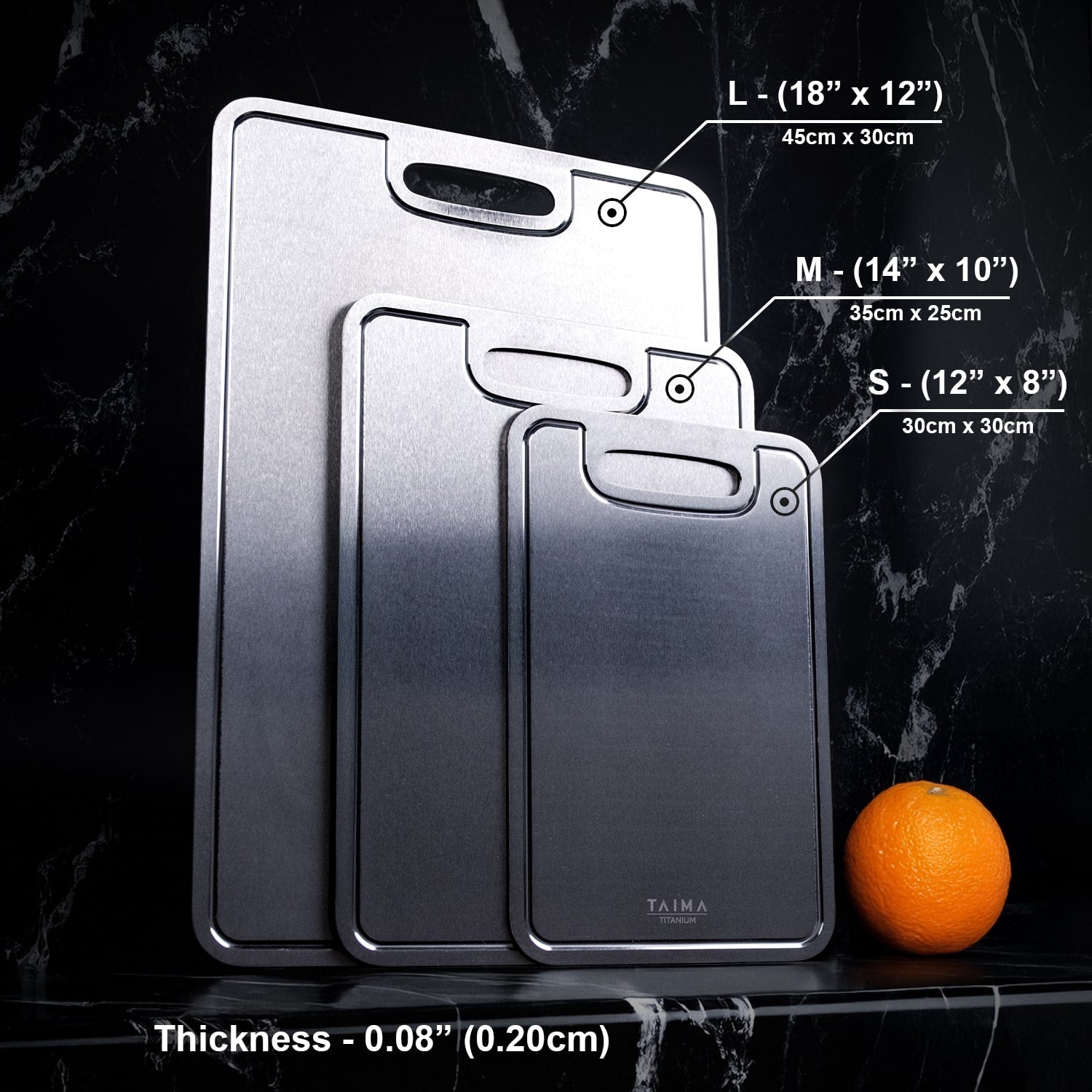 taima titanium cutting board different size options, s,m,l thickness displayed. taima titanium bundle 