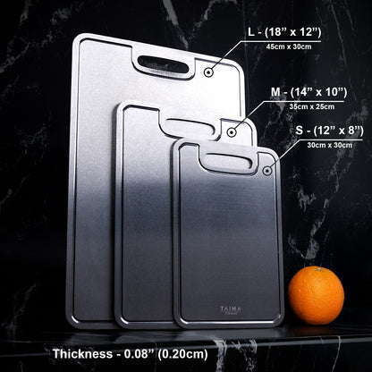 taima titanium cutting board different size options, s,m,l thickness displayed. taima titanium bundle 