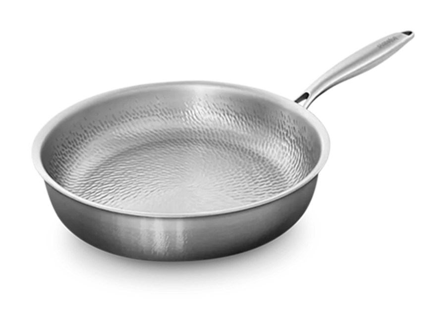 Titanium pan with a hammered texture on the interior and a polished finish on the exterior, featuring a long handle, shown on a white background.